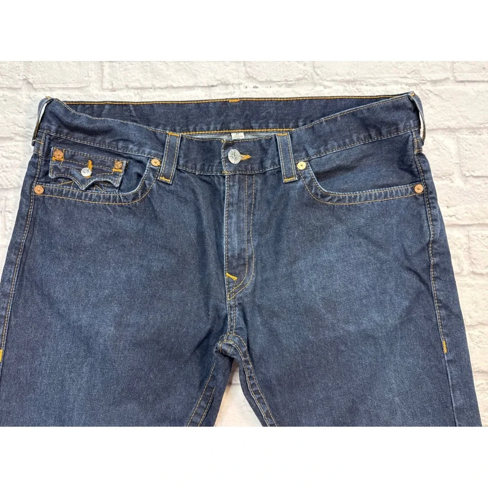 True Religion Straight Jeans Mens 42 Blue Excellent Flap Pocket Dark Wash Indigo
